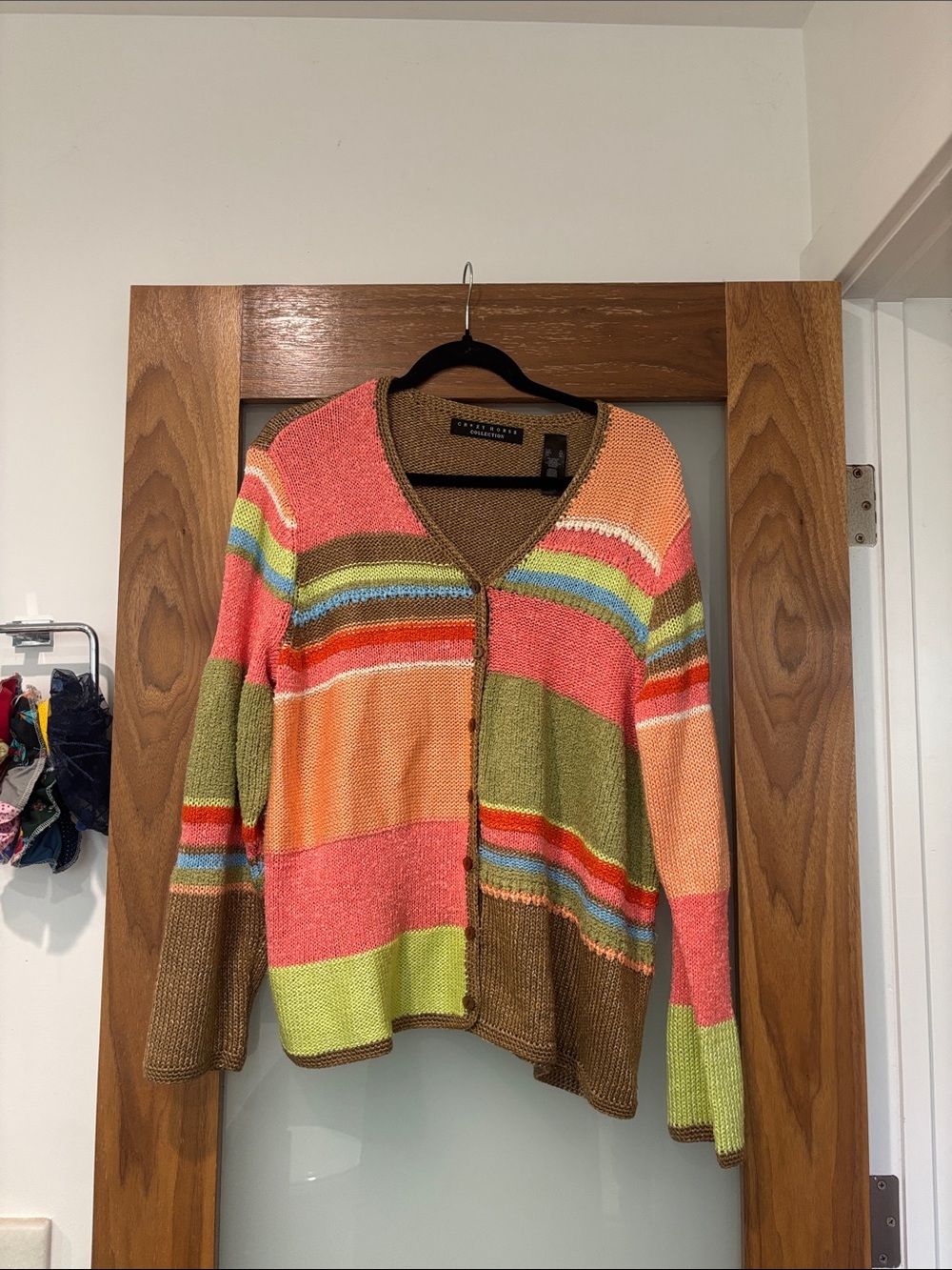 Liz Claiborne Crazy Horse Collection Pink, Orange, Green& Brown Striped Cardigan